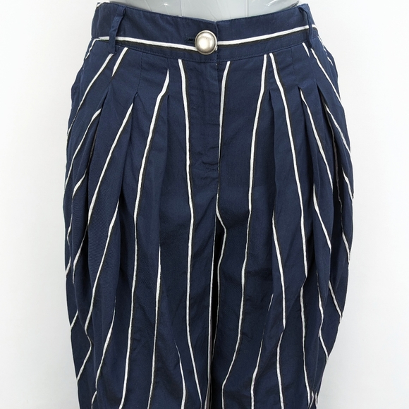 Sz 2 Emporio Armani Blue-White-Black Stripe Pleated Parachute Crop Trouser Pants - Picture 3 of 10